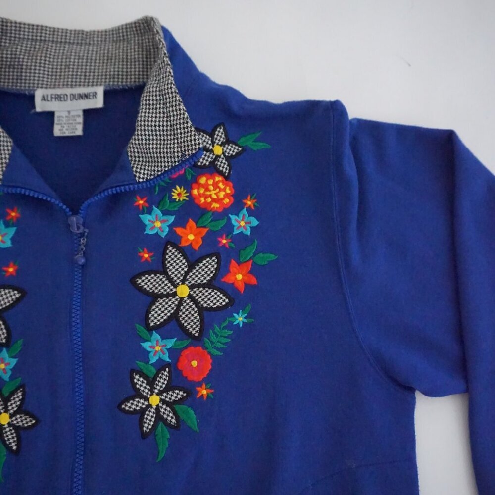Vintage Alfred Dunner Blue Floral Embroidered Zip Up Knit Cottagecore Cardigan S - Picture 6 of 10